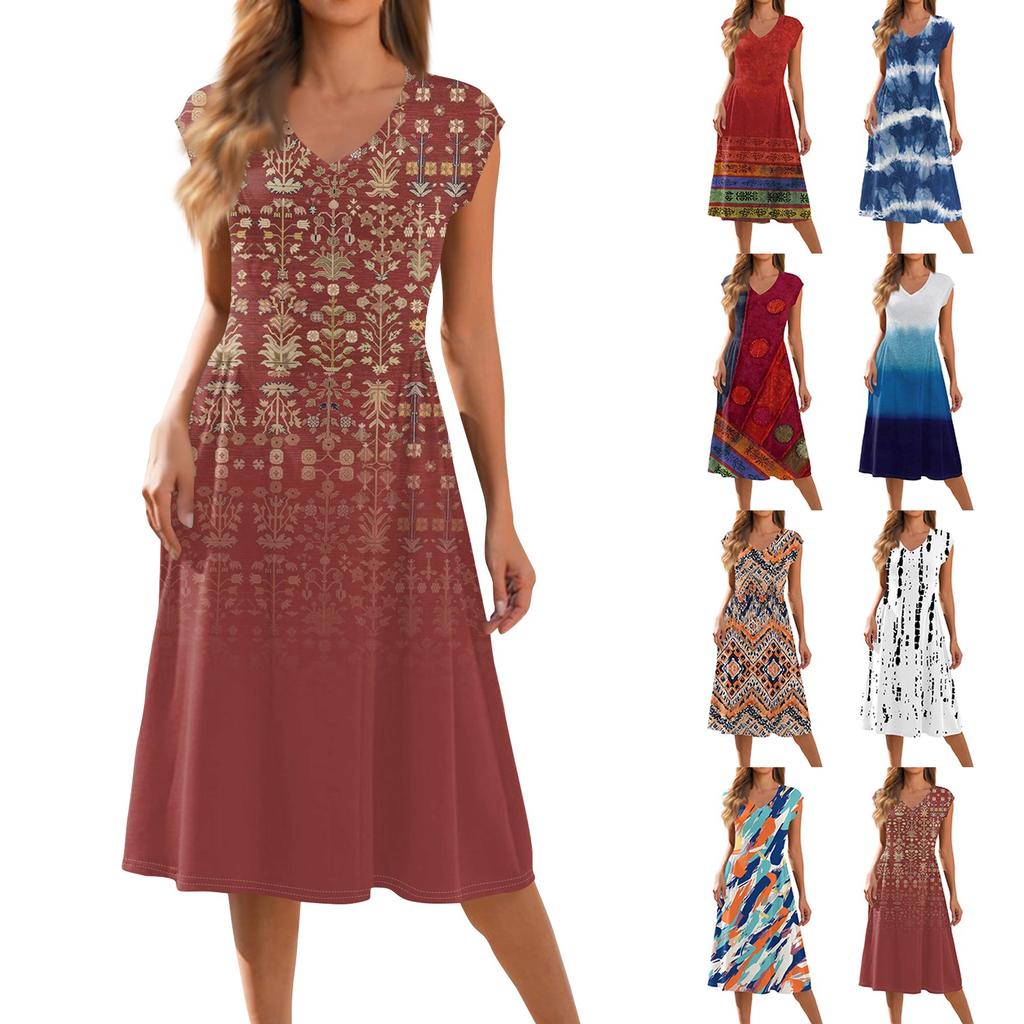 Dámské šaty s potiskem, výstřihem do V, bez rukávů, patchworkovým skládaným střihem a potiskem rukávů