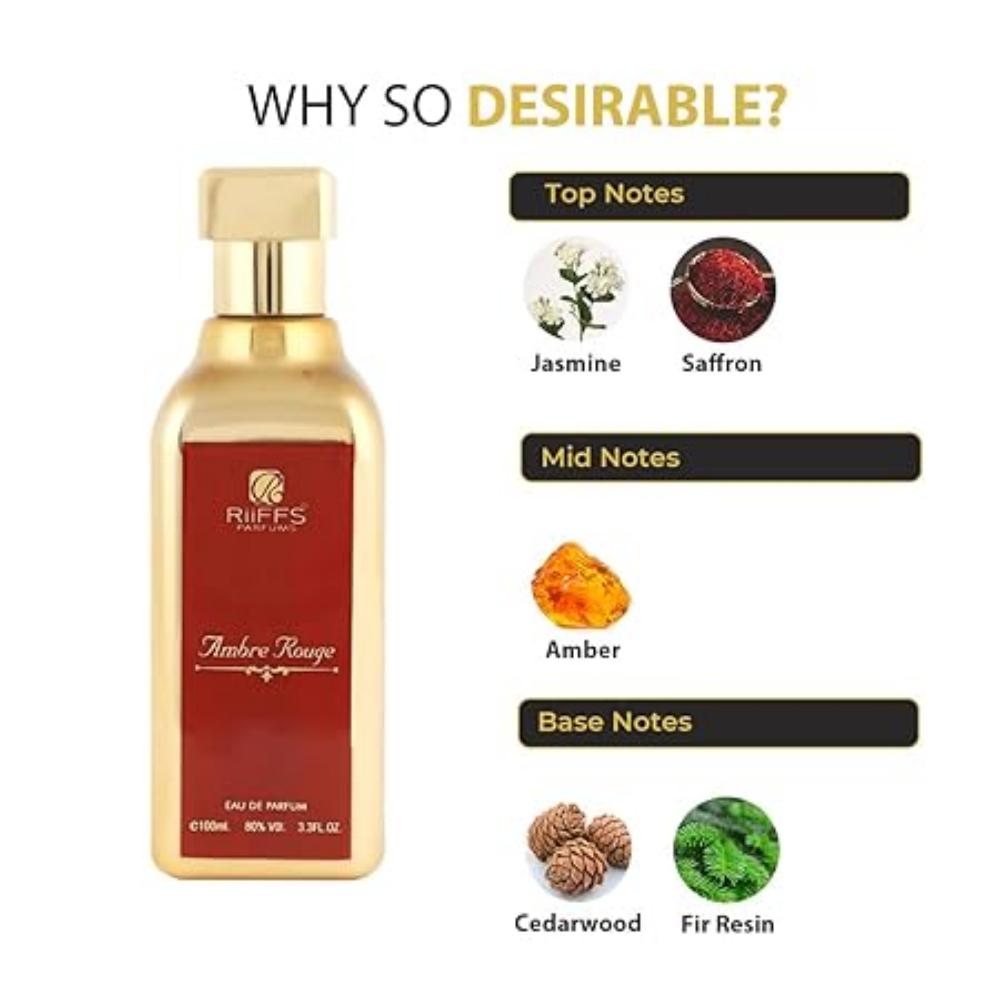 RiiFFS Ambre Rouge Premium Imported Scent, kwiatowy, bursztynowy i aromatyczny, kojący zapach, długotrwały zapach perfum w sprayu dla mężczyzn i kobiet, 100 ml