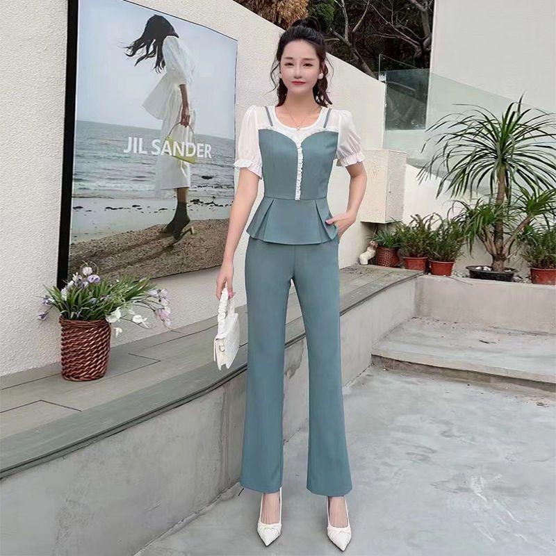 

Chiffon Summer Two-Piece Suit: Short-Sleeve Top & Wide-Leg Pants for Women 2XL (recommended for 130-145 jin)