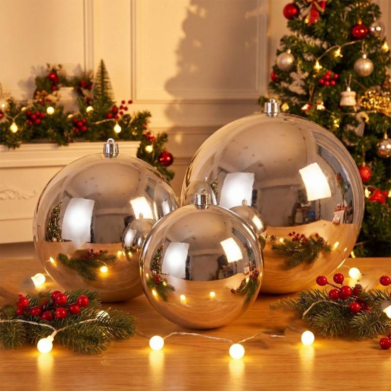 Oversized Silver Reflective Christmas Decors Ball Portable Plastic Hanging Ornament For Christmas And Parties