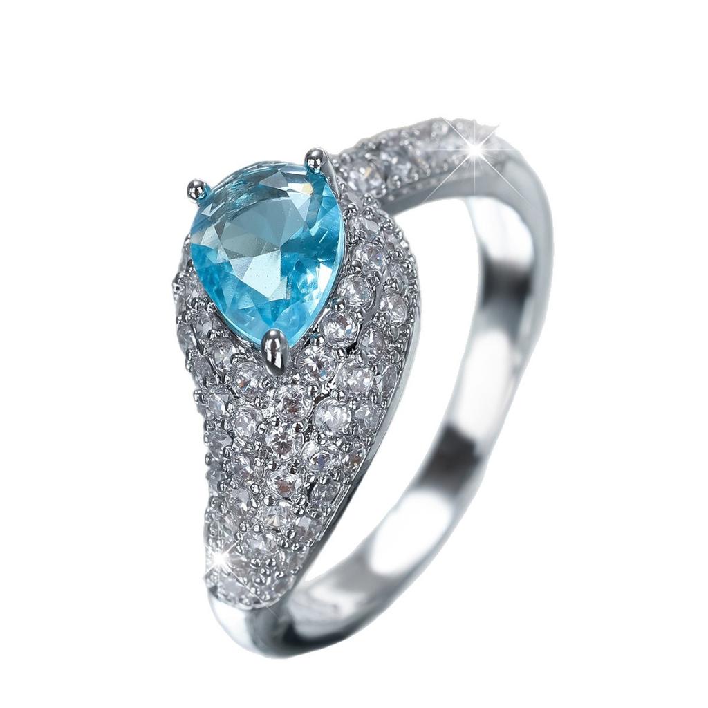 Ins Burst Full of White Diamond Water Drop Sea Blue Zircon Ring, Shining Exquisite Temperament Ring