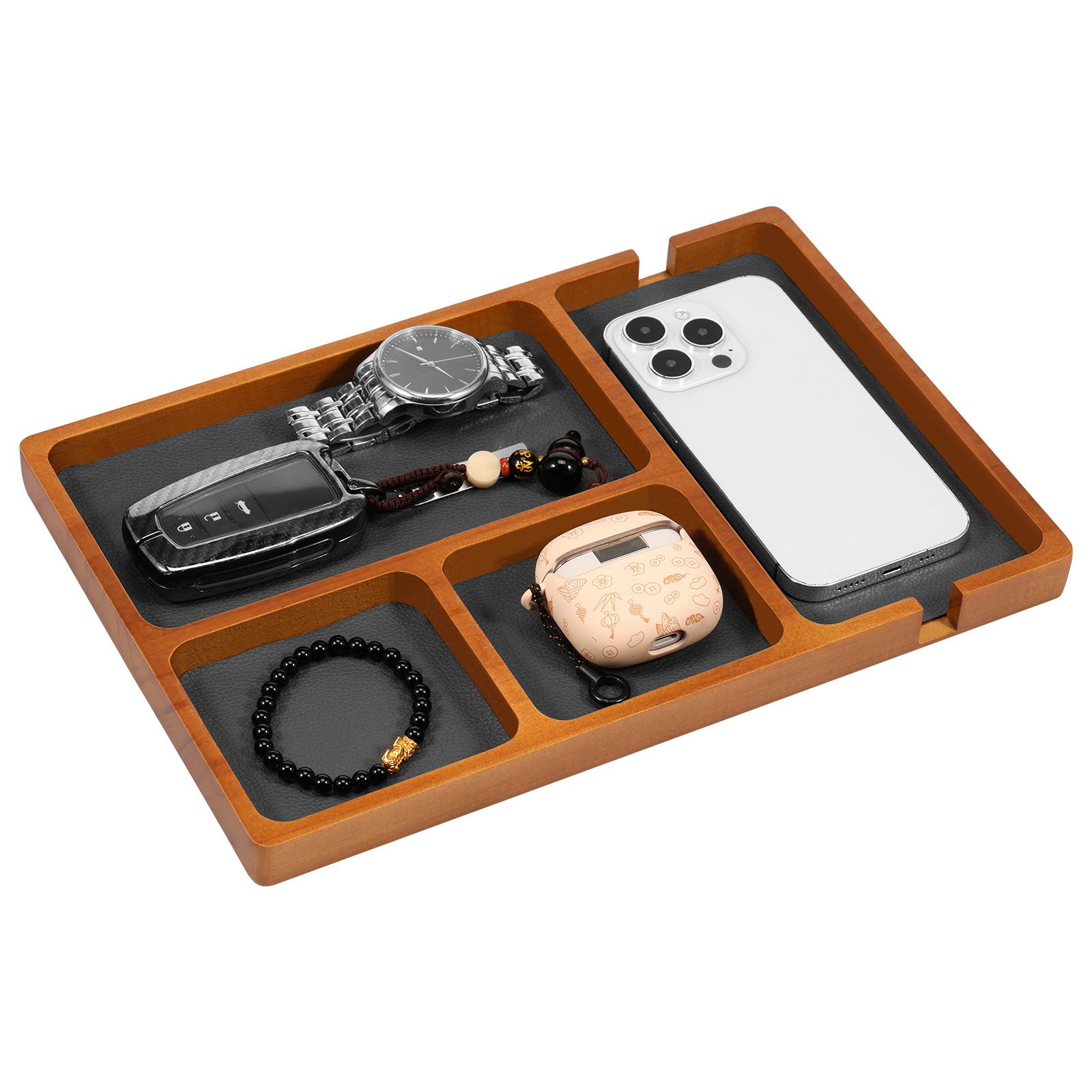 

Деревянный настольный лоток из массива дерева с кожей, 4-секционный офисный ящик для хранения мобильного телефона, наушников, мелочей 1-5 Cells