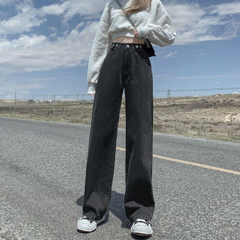 Women's High-Waisted Multi-Button Adjustable Jeans: Slimming Loose Fit Korean Style Wide-Leg Floor-Length Pants