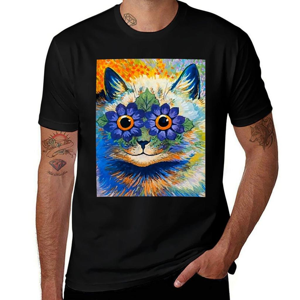 Cat With Blue Petals By Louis Wain Tshirt Urban Style Casual Short Sleeve Top