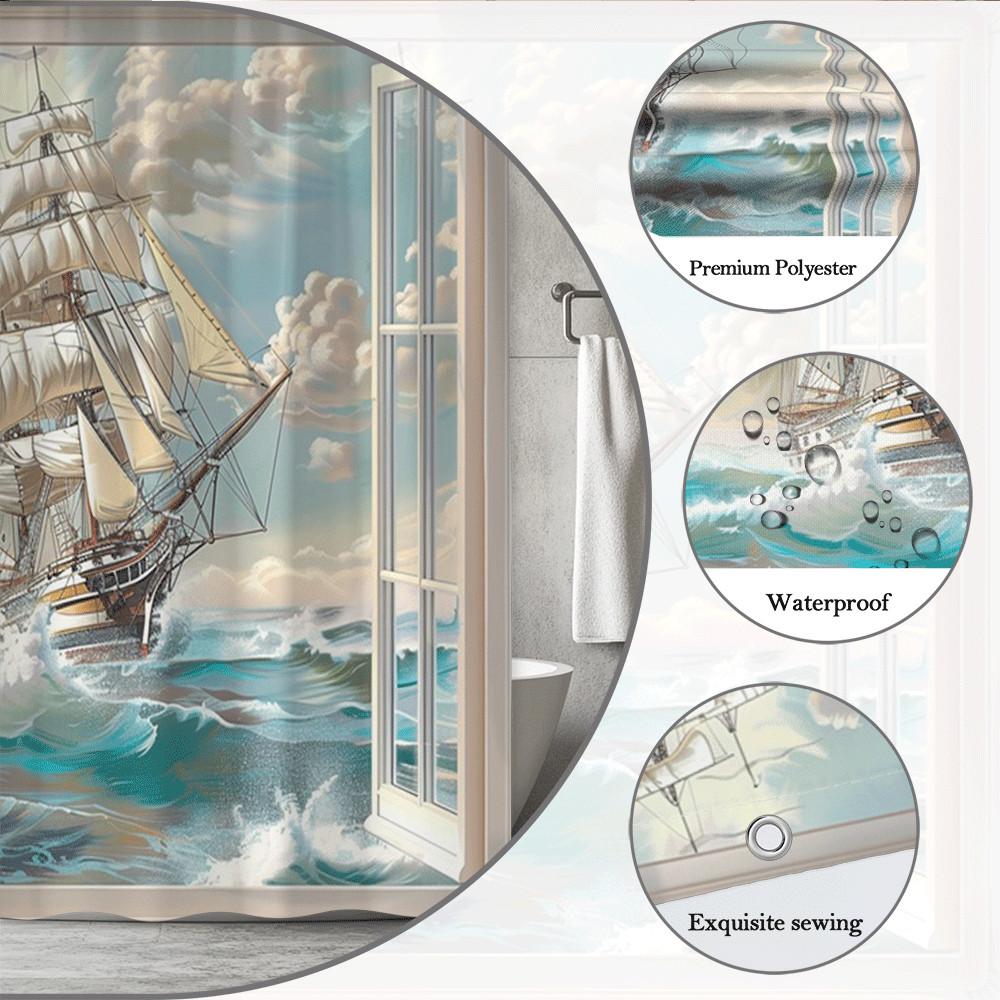 Sailing Ship Window View Shower Curtain Ocean Waves And Sky Scene Waterproof Easy To Install Enhance Your Space Non-Toxic