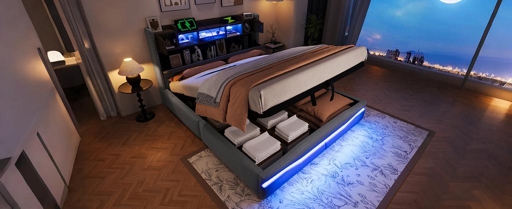 Upholstered Bed, 160x200cm, with USB C Charging Function, Headboard with Storage Compartment, Hydraulic Bed, without Mattress, With LED Lights, Grey