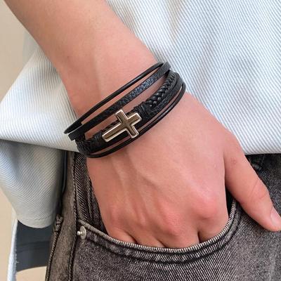 Bracelet Tressé en Cuir Double Couche Croix Punk Hip Hop Fait Main pour Hommes Femmes Vintage Réglable Bijou Cadeau Vente en Gros