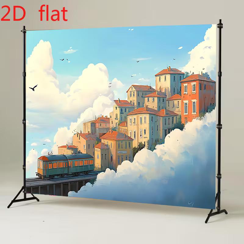 2D Sky Town Train Watercolor Photography Background Banner