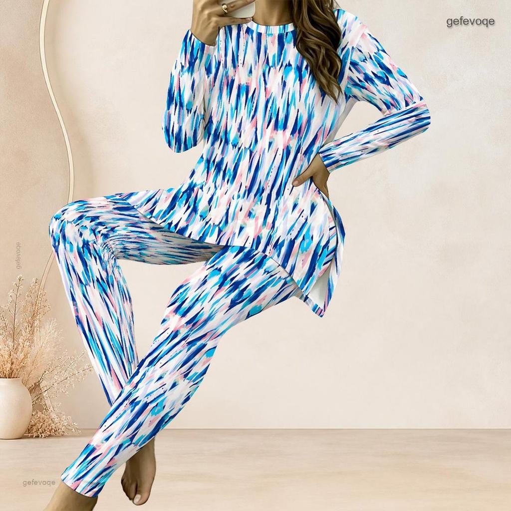 Women Plus Size Blue Pink White Printed Two Piece Set Round Neck Long Sleeve Longline Top Fitted Long Pants