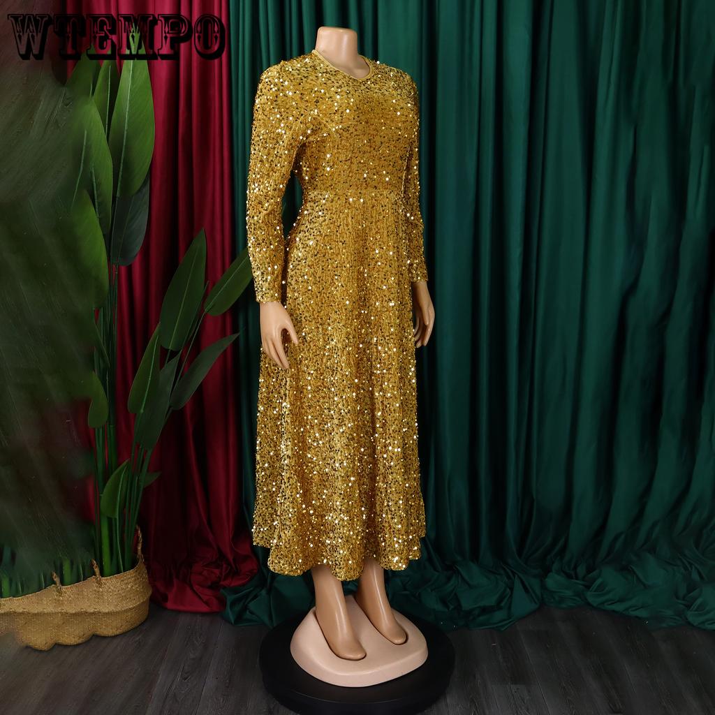 Sukienki damskie z okrągłym dekoltem, długim rękawem, jednolitym kolorem, cekinami, wysokim stanem, o średniej długości