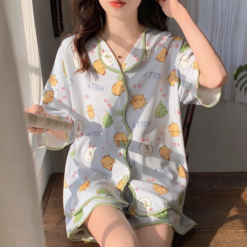 Pajamas Women'S Short-Sleeved Shorts Thin Korean Version Style Sweet Cartoon Loungewear Suit Can Be Worn Outside
