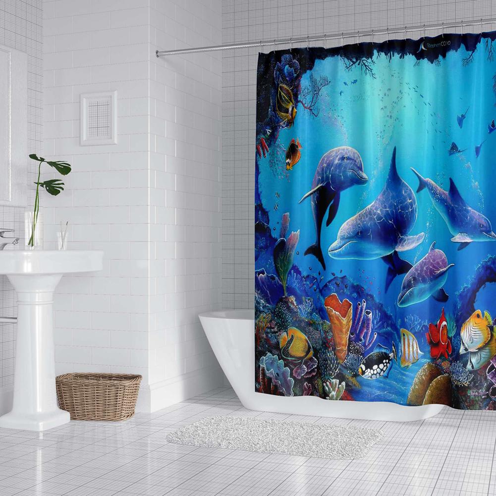 Underwater Dolphin Shower Curtain Marine Life World Travel Sea Diving Ocean Print Bathroom Decor Set with 12 Hooks Waterproof