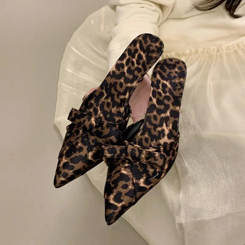 Korean Style High Heel Women's Slippers Spring Summer New Butterfly Knot Pointed Toe Shoes Thin Heel Leopard Print Slip-On