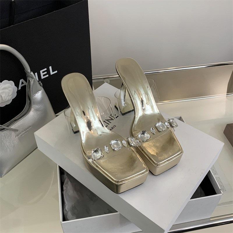 

High heel one-word cool slippers women s summer 2025 new fashion crystal waterproof table women s slippers thick heel slippers women 41 золотой