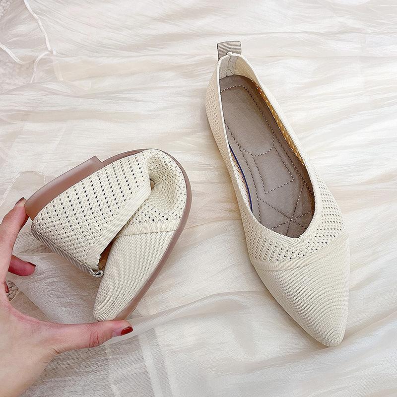 

Женские остроносые однотонные туфли для通勤, лето 2025, новая модель, мягкая подошва, плоская подошва, перфорированные дышащие вязаные туфли 40
