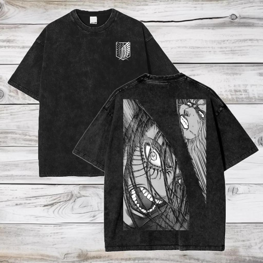 Hotblooded Anime Attack on Titan Graphic Print Tshirt Men Women Vintage Washed Oversized Cotton Summer New Tee Oversized Tops
