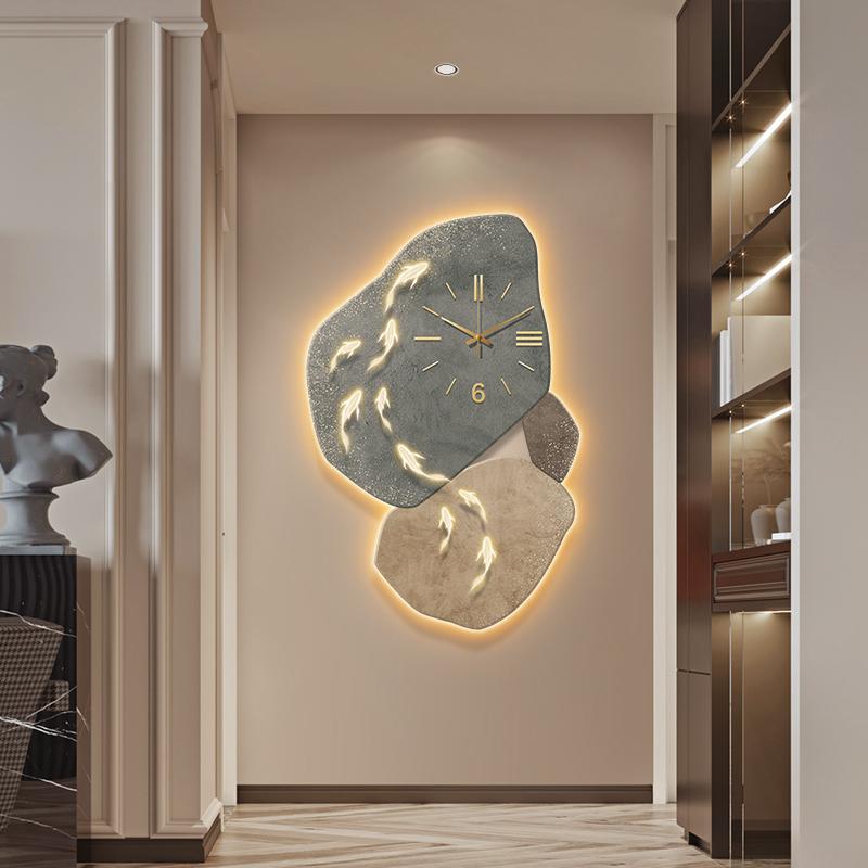 Nine Fish Map Wall Clock Luminous Advanced entrance wall decoration Modern Light Luxury Corridor Aisle Hanging Painting Clock