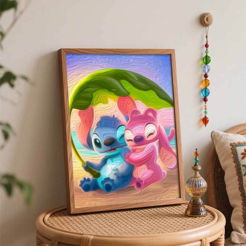 Disney Stitch And Angel Oil Art Painting Kit Home Wall Decor Handmade Gift Lilo Cartoon Beach Sunset Lover Artwork Canvas Wall Decor