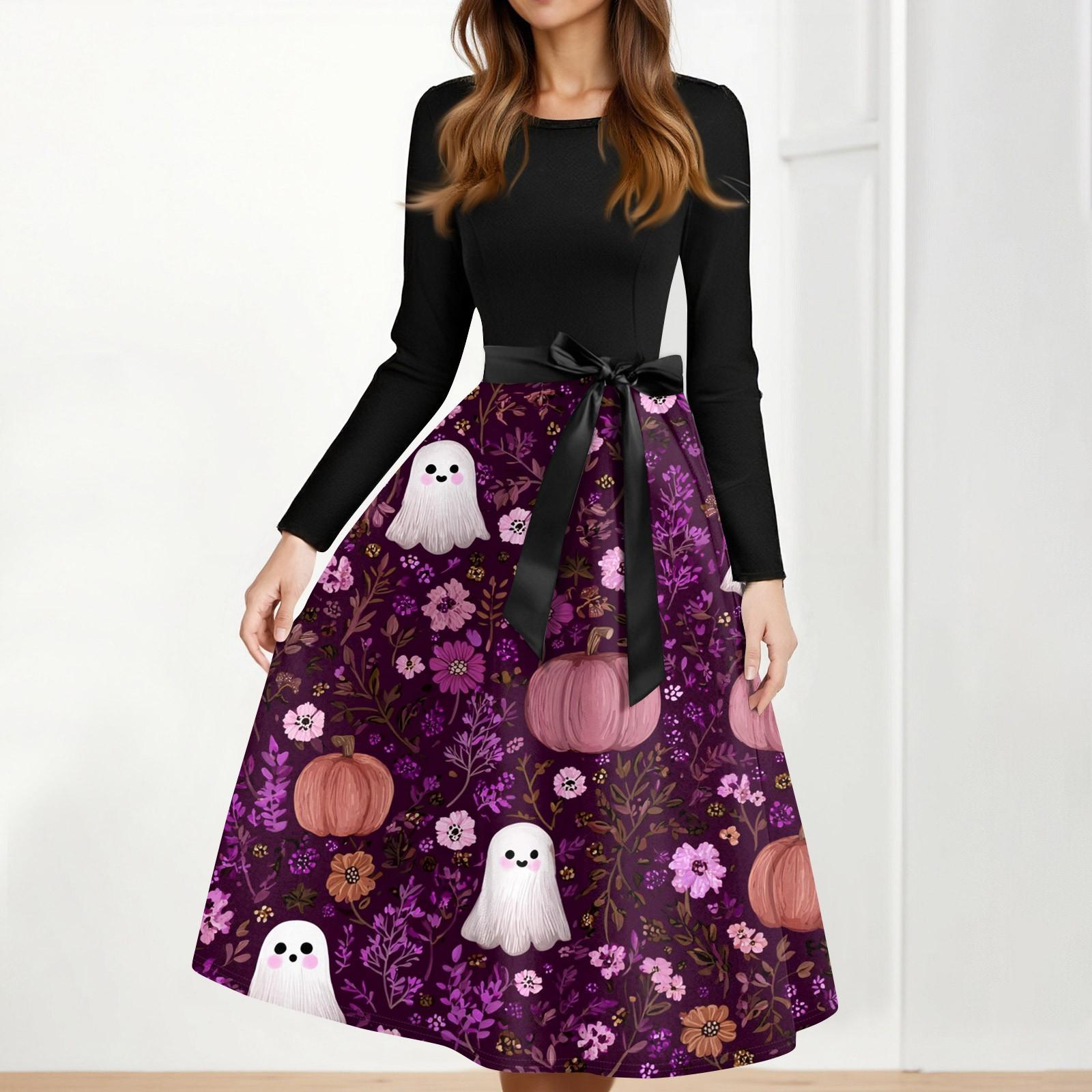 

Women s Casual Fashion Halloween Printed Round Neck Vintage Dress L темно-фіолетовий колір