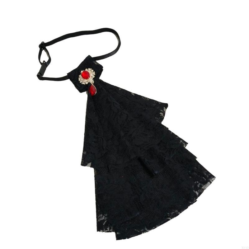 Rhinestones Ruffled Lace Jabot Victorian Renaissances Detachable Faux Collar for Themed Gatherings and Theatrical Wear