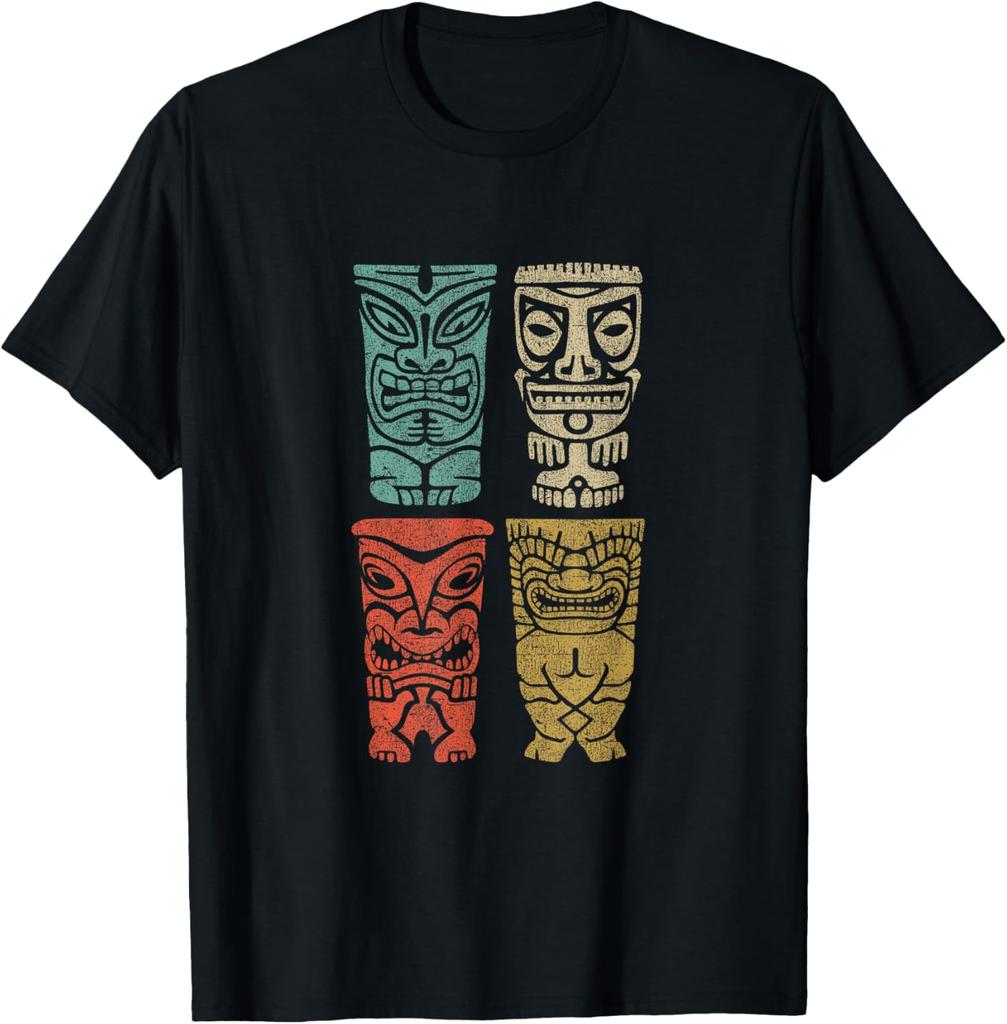 Vintage Tiki Hawaiian Polynesian Mask Four Totems Gift TShirt Men Clothing Tops Graphic T Shirts Vintage T Shirt Streetwear