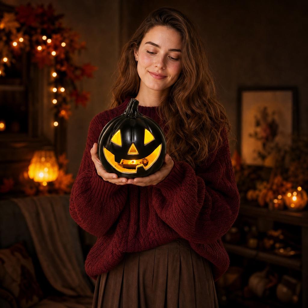 Hollow Pumpkin Decoration with Built-In Light Halloween Ornament for Indoor Outdoor Seasonal Display Home Tabletop Accent