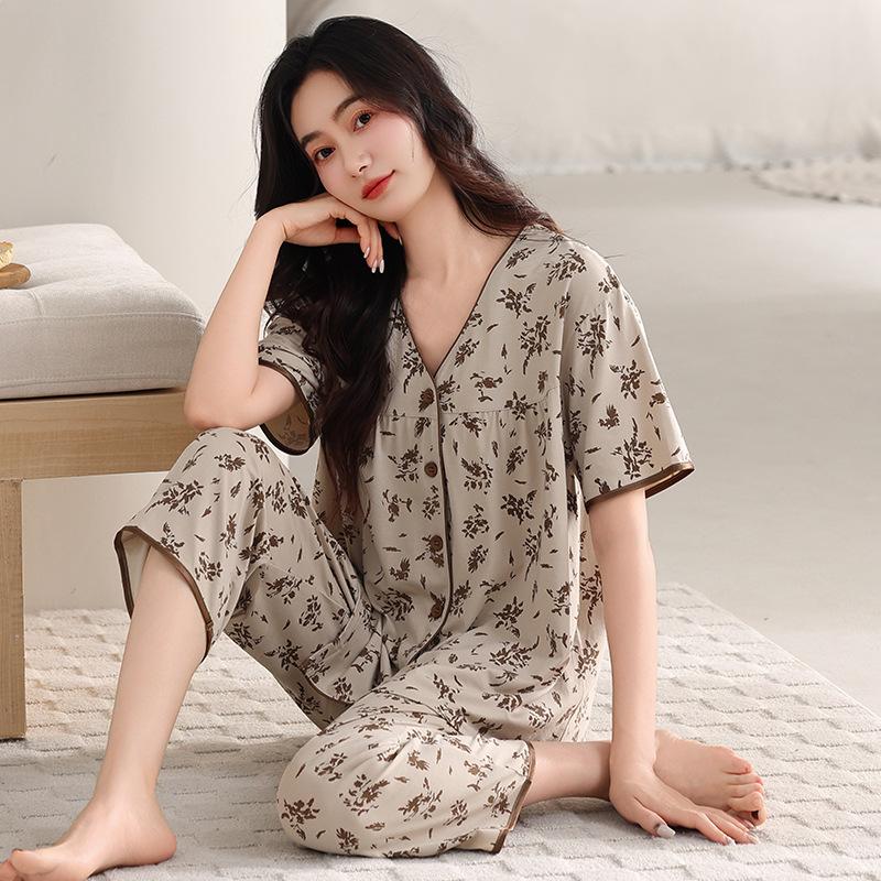 Pajamas women's summer Modal short-sleeved cropped pants thin summer new cotton silk can be worn outside plus size loungewear