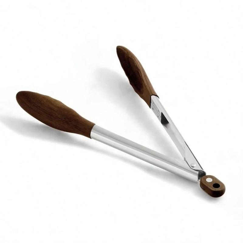 Stainless Steel Food Clip Walnut Wooden Handle Multifunctional Heat-Resistant Tongs Anti-Scald Kitchen Tool for Grilling Frying