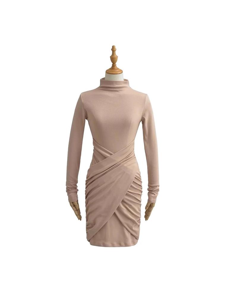 European-Style High Neck Long Sleeve Fleece Dress - Pleated Hot Girl Hip Wrap Skirt