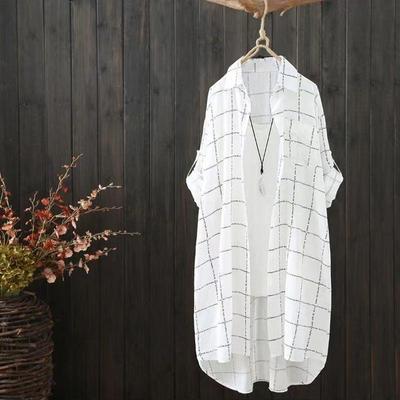 Korean Fashion Simple Solid Color Autumn Shirts Women Long Sleeve Plaid Print Casual Midi Shirt Elegant Women Blouse