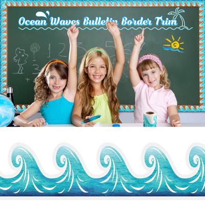 15m Bulletin Board Borders Blue Waves Border Trim Decorative Sticker Bulletin Border Trim for Classroom Decorations