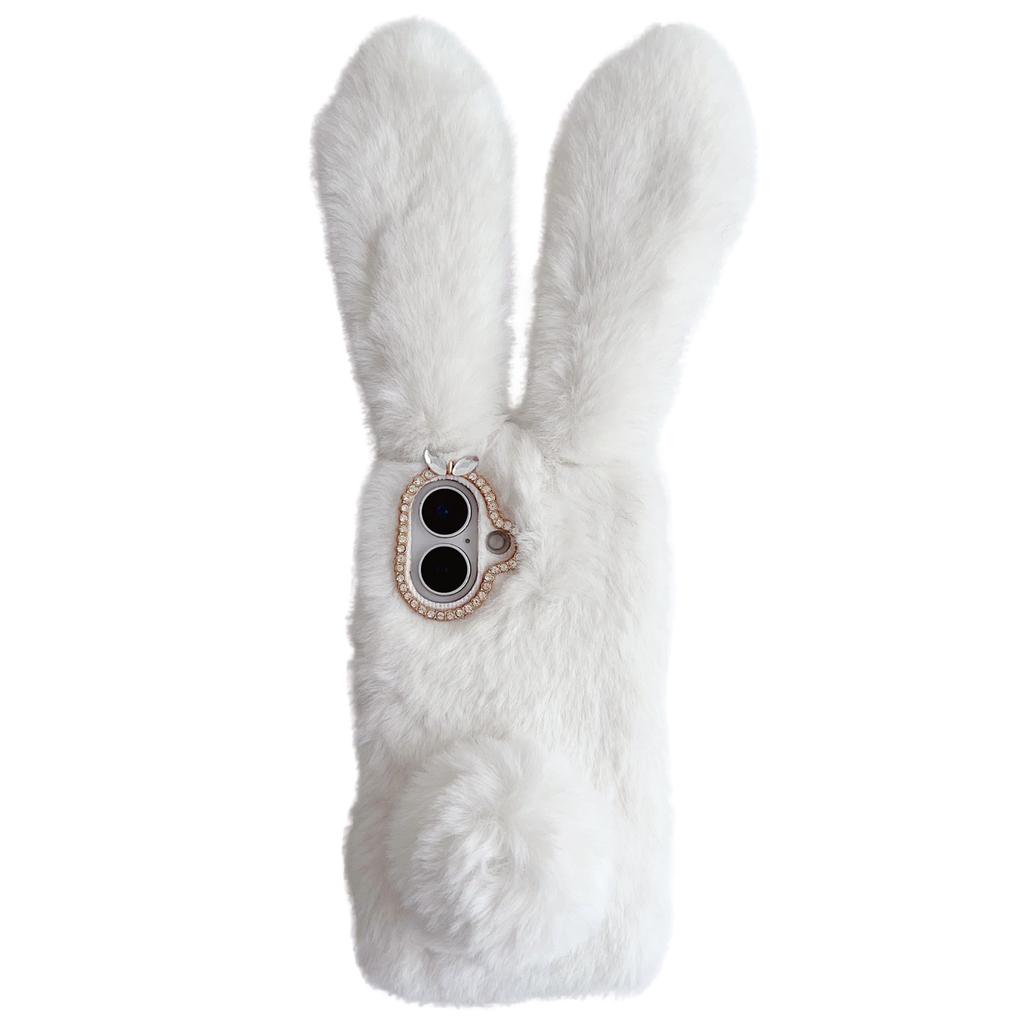 For iPhone 16 Case Bunny Ears Furry Soft Warm TPU Phone Cover