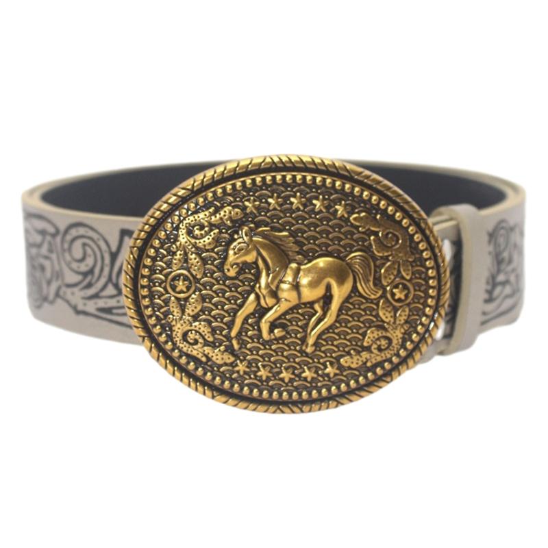 Floral Engraved PU Belt for Jeans Women Vintage Horse Pattern Buckle Waist Belt