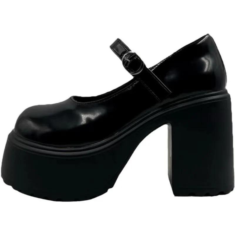 Autumn High Heels Mary Janes Shoes  Leather Heeled Shoes Woman Platform Ankle Strap Pumps for Women