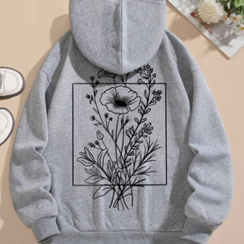 Womens Line Flower Print Loose Hoodie Tops Blouse Sweatshirt Casual Long Sleeve Pullover Tops
