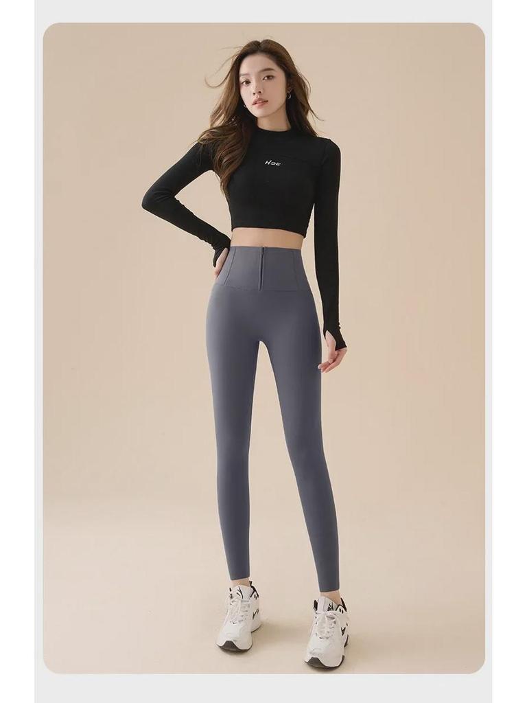 Korean Women's Autumn/Winter Velvet-Lined High-Waist Hip-Lifting Barbie-Style Buttoned Yoga Pants