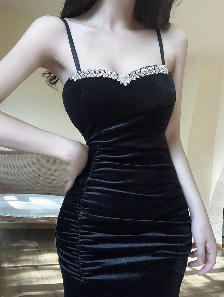 Heavy Industry Decorative Golden Velvet Suspender Dress Sexy Elegant Slim Slimming Evening Dress Long Dress