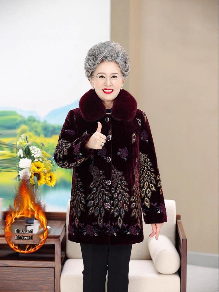 Grandma's Mink Velvet Coat with Fleece Lining, Thickened, for Middle-Aged & Elderly, Fur Collar, Warm Cotton-Padded Jacket.