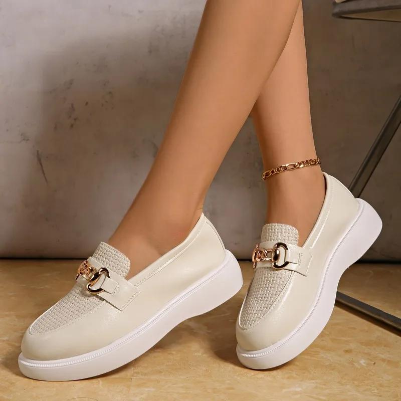 

Мода 2025 Бренд Женская обувь Слипоны Женские туфли на высоком каблуке Модная металлическая отделка Повседневные Большого размера Универсальные Бестселлер Каблуки Женские 43 бежевый