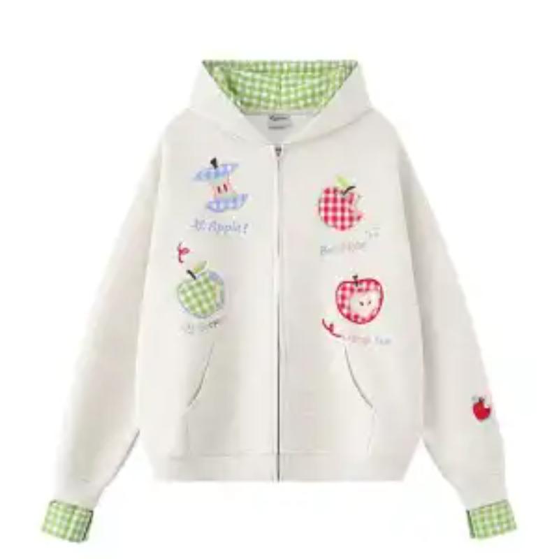 Design Sense Love Apple Plaid Hooded Sweatshirt Cardigan Women's Autumn Winter Loose Korean Lazy Style Chic Jacket Trend
