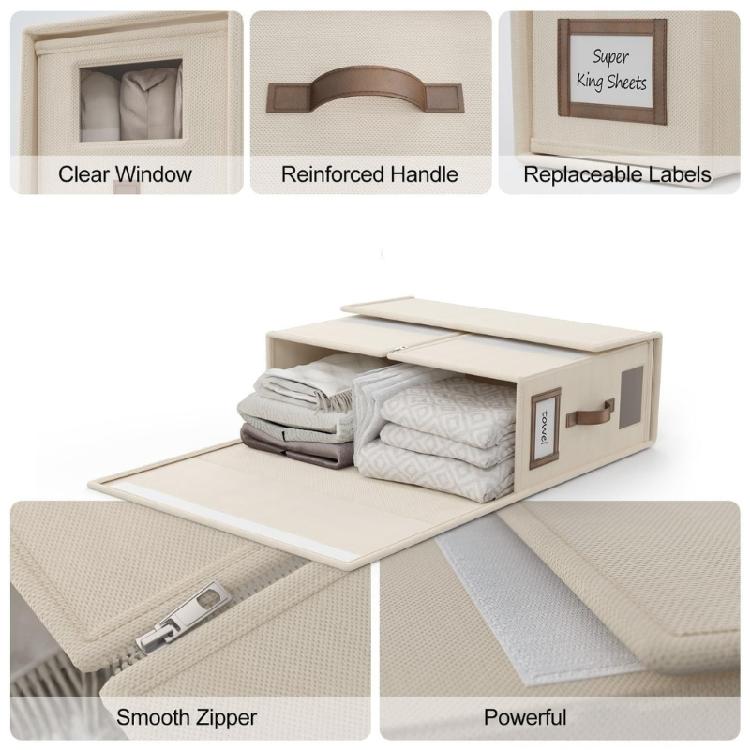Sheet Set Storage Case with Front Handle, Viewing Window and Shelf Friendly Shape for Closet Bedding Storage Box