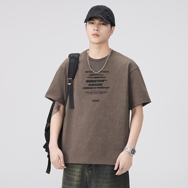 New Summer Retro Short-sleeved T-shirt Men's Loose Cotton Trendy American Printed Half-sleeved Top