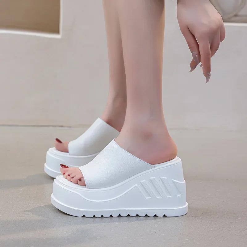 10CM Genuine Leather Sandals Platform Wedge Flats Women Sandals New Summer Hollow Beach Flip-flops with Bare Toes Slippers Shoes