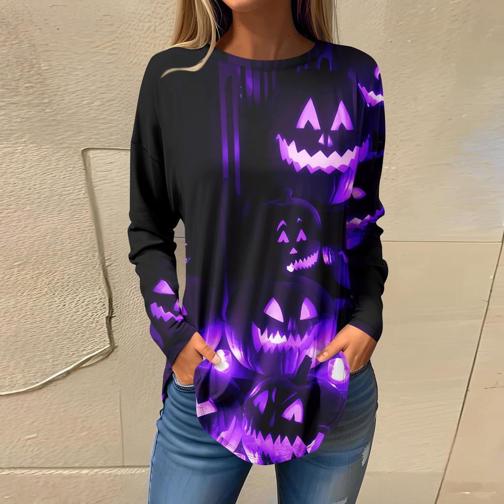 T-shirts voor Dames Herfst Casual Lange Mouw Shirts Sweatshirt Halloween Bedrukking Top Pullover