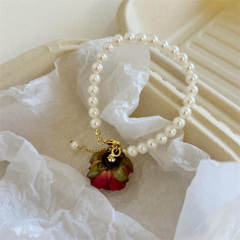 

Glass Pearl Bracelet - High-quality Natural Flower Eternal Flower Mystic Hand Chain - Versatile Handwear That Never Withers Rose red with leaves
