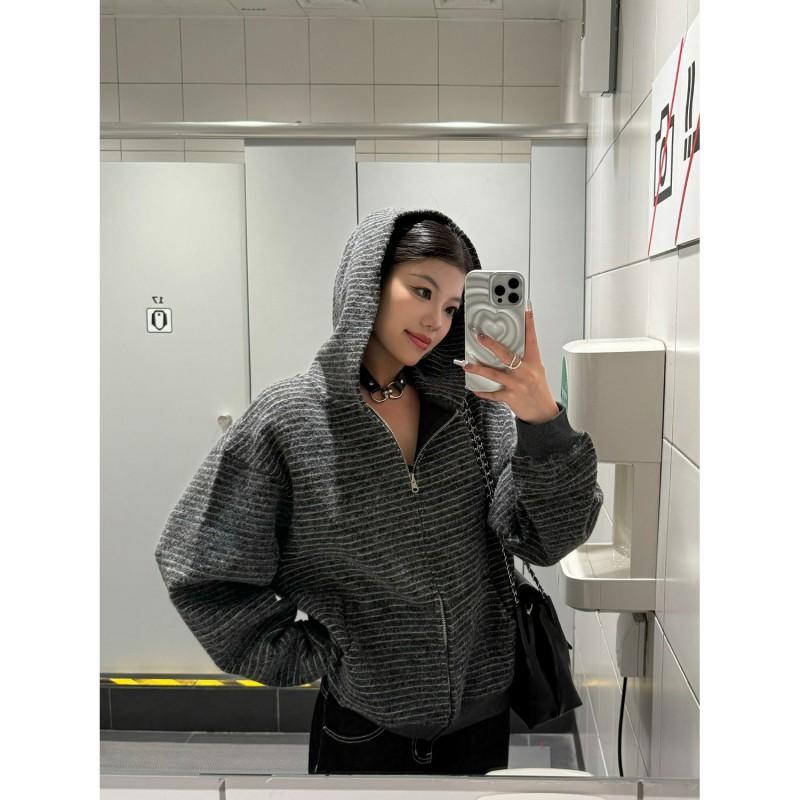 Unisex Oversized Striped Zip-Up Hooded Sweatshirt Casual Loose Fit Pullover Men Women