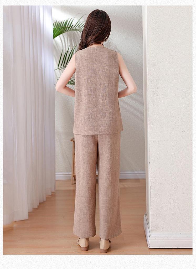 Set Pigiama Estivo Senza Maniche Taglie Forti da Donna – Elegante Pantalone a Gamba Larga Monocolore per Madri di Mezza Età