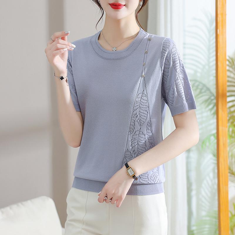 2026 New Style Summer Ice Silk T-Shirt: Chic Short-Sleeved Knit for Middle-Aged & Elderly Women