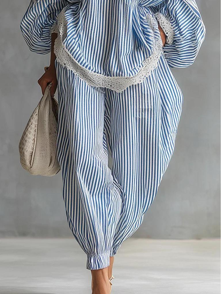 2026 Women's Blue & White Striped Lace Trim Two-Piece Set: Casual Long-Sleeved Top & Wide-Leg Pants