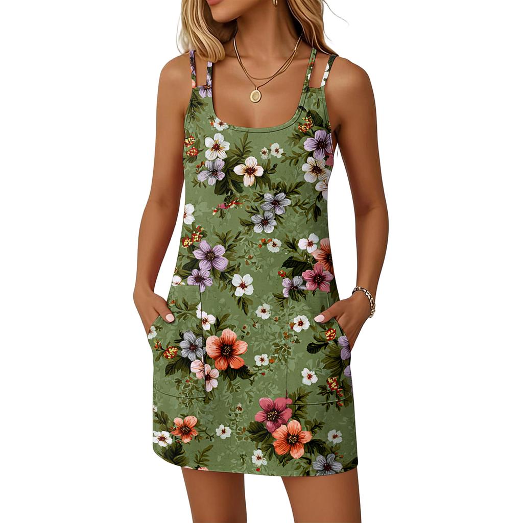 Women's Fashion Casual Floral Print Dress Double Sling Pocket Dress